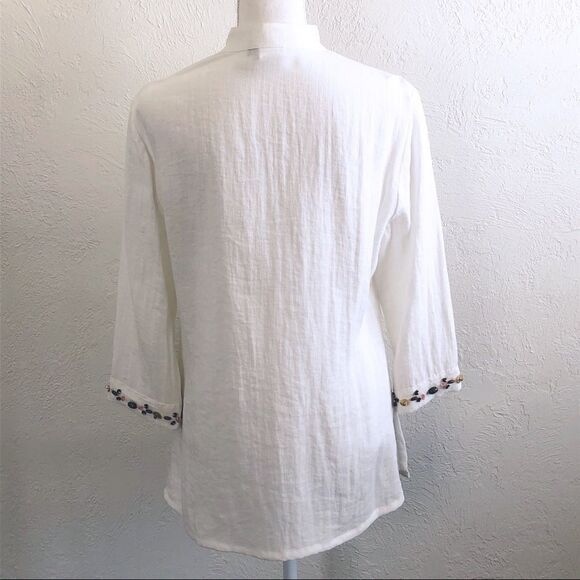 SHARON YOUNG - JEWELED - V NECKLINE - 3/4 SLEEVES LINEN BOHO BEADED BLOUSE B14 - Picture 5 of 10